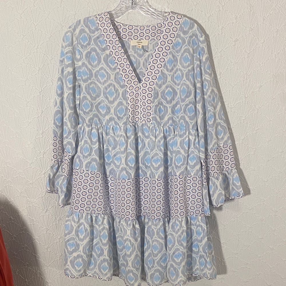 Entro Light Blue and White Patterned Long Sleeve lined Dress Clean Girl Look